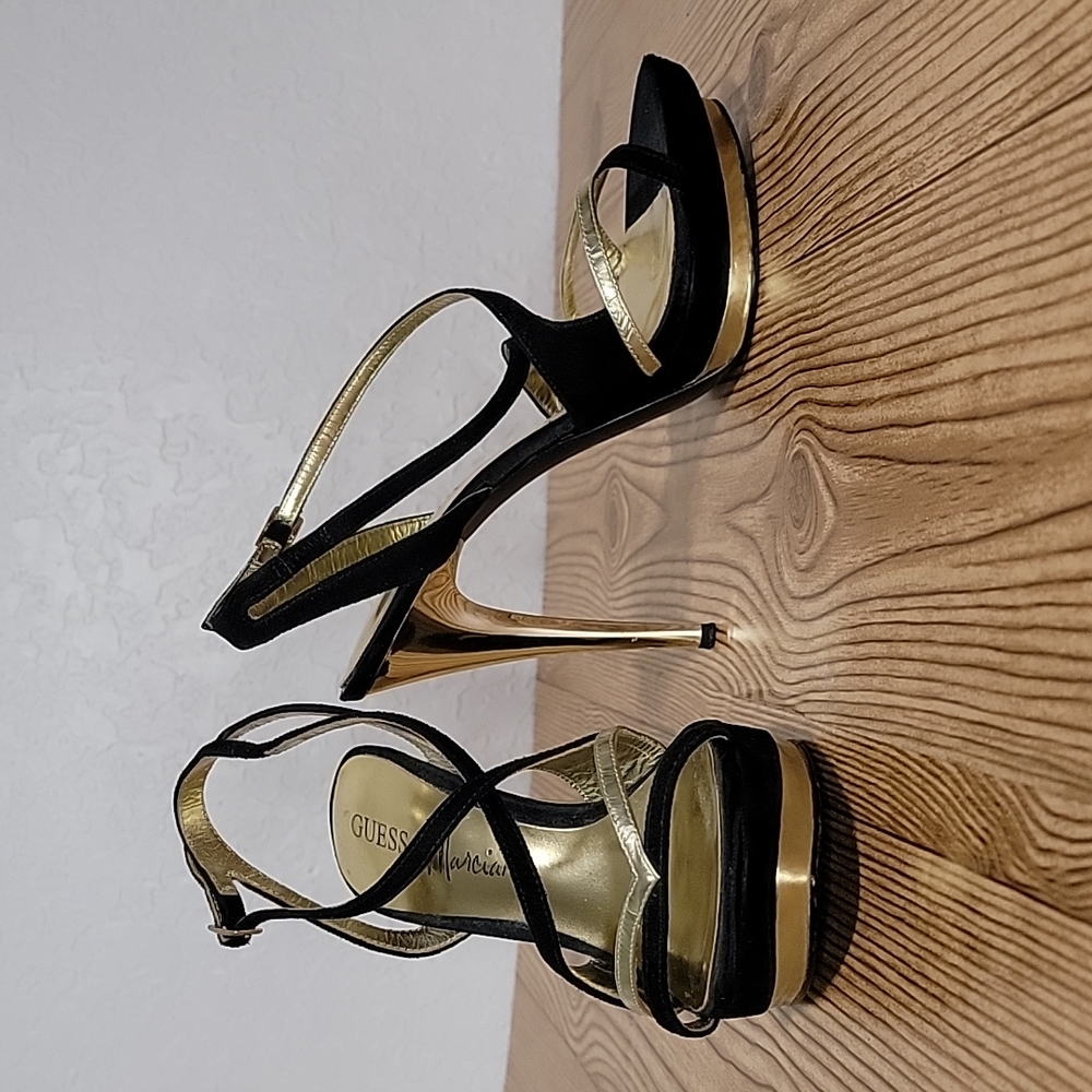 Size 6 Black Suede & Metallic Gold Guess by Marciano Formal High Heels